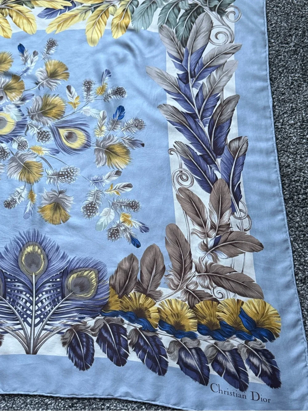 Dior Scarf. 100% Silk. Blue, Gold & Navy Feather Print